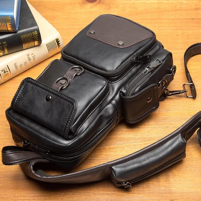 Vintage Waterproof mens crossbody bag PU Leather Chest Messenger for Everyday Carry