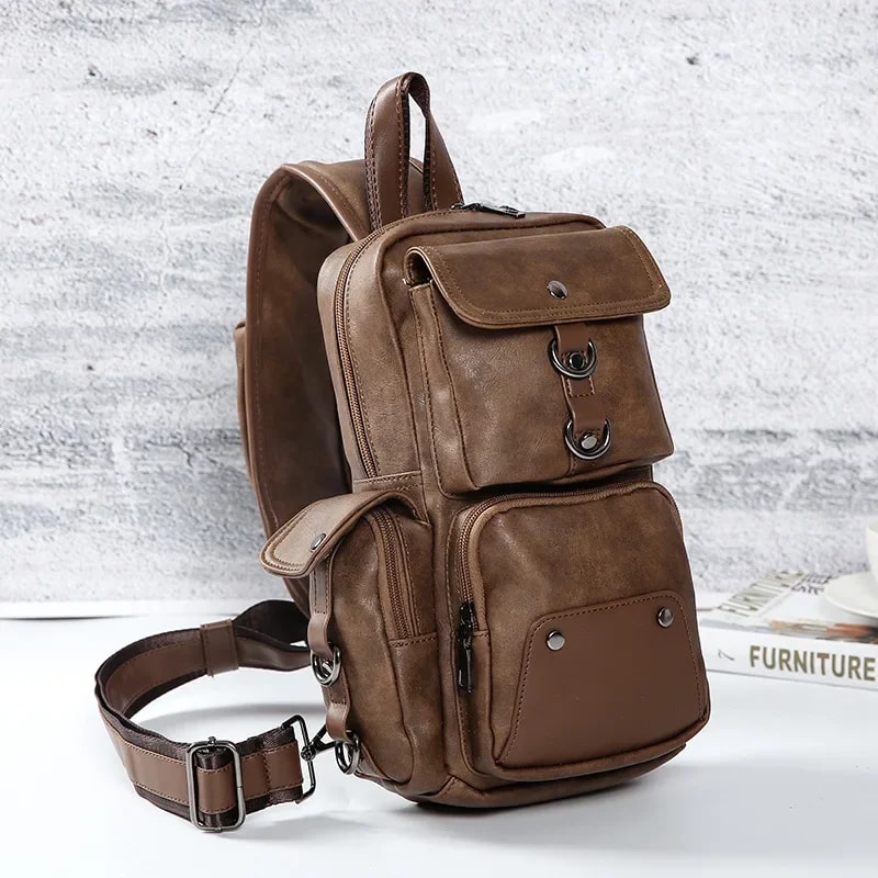 Vintage Waterproof mens crossbody bag PU Leather Chest Messenger for Everyday Carry