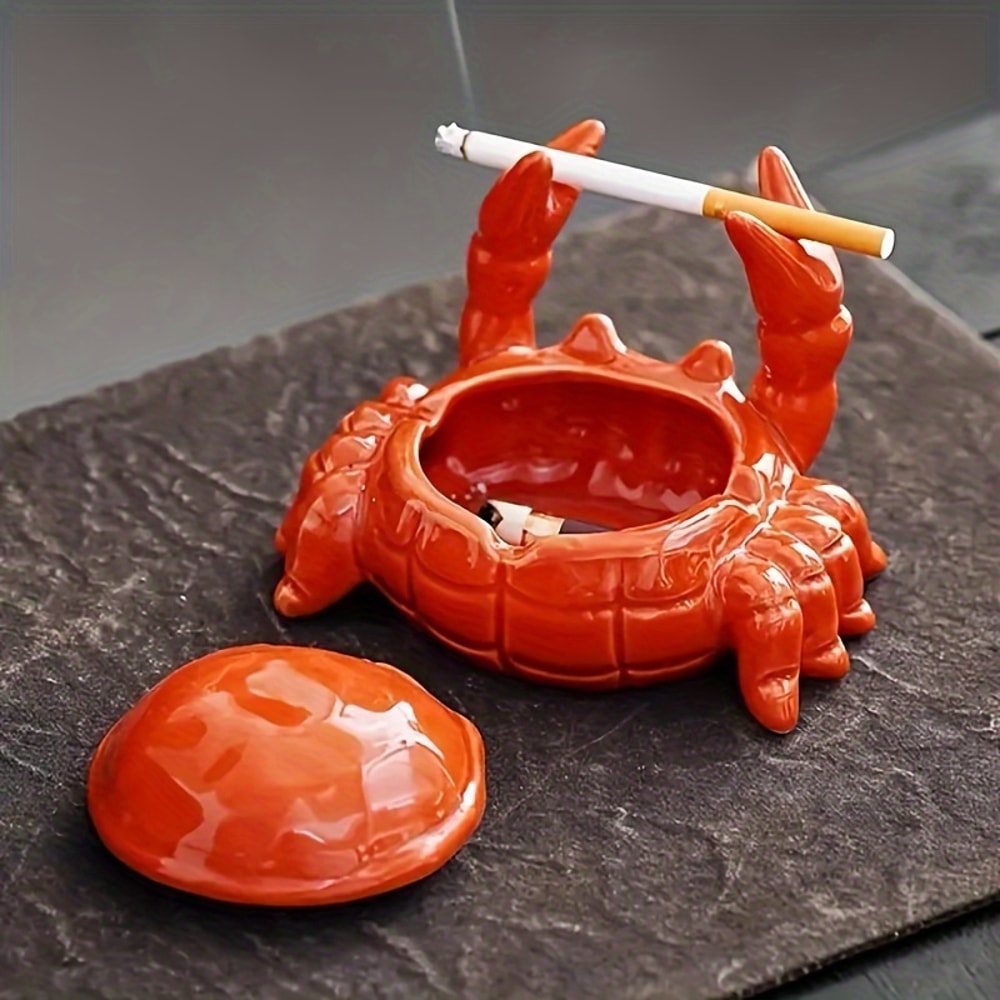 Charming Crab Ceramic Ashtray With Lid Decorative Novelty Desk Accent 0