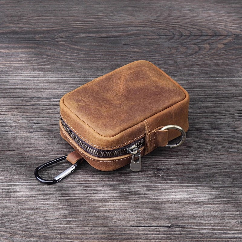 Vintage Leather Key Coin Pouch with Hook Compact Wallet Case