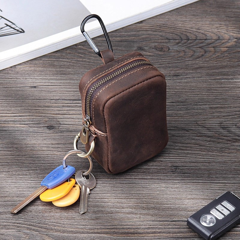 Vintage Leather Key Coin Pouch with Hook Compact Wallet Case