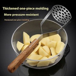 ergonomic stainless steel potato masher with wooden handle for smooth mashing