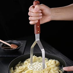 heavy duty stainless steel potato masher with ergonomic wooden handle