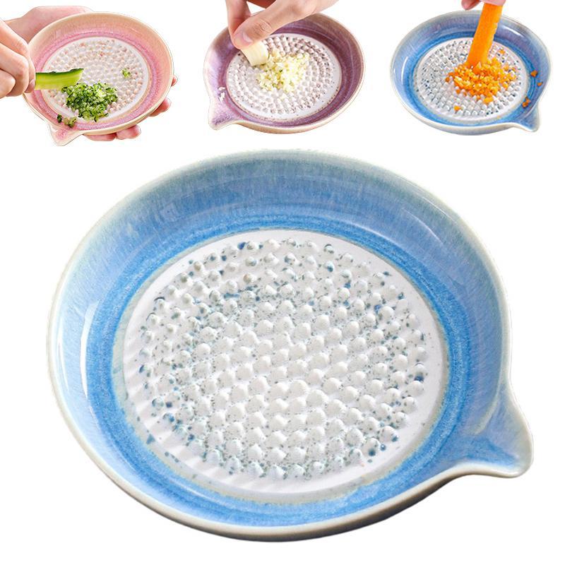 Ceramic Ginger Grater Plate with Pour Spout – Manual Garlic Grinder & Kitchen Grinding Dish