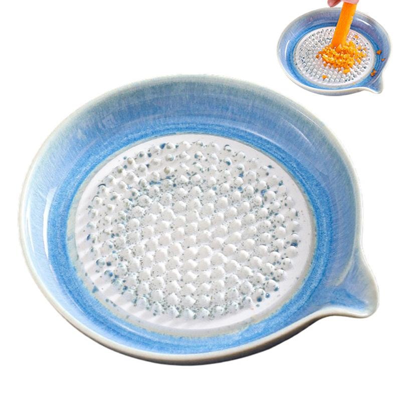 Ceramic Ginger Grater Plate with Pour Spout – Manual Garlic Grinder & Kitchen Grinding Dish