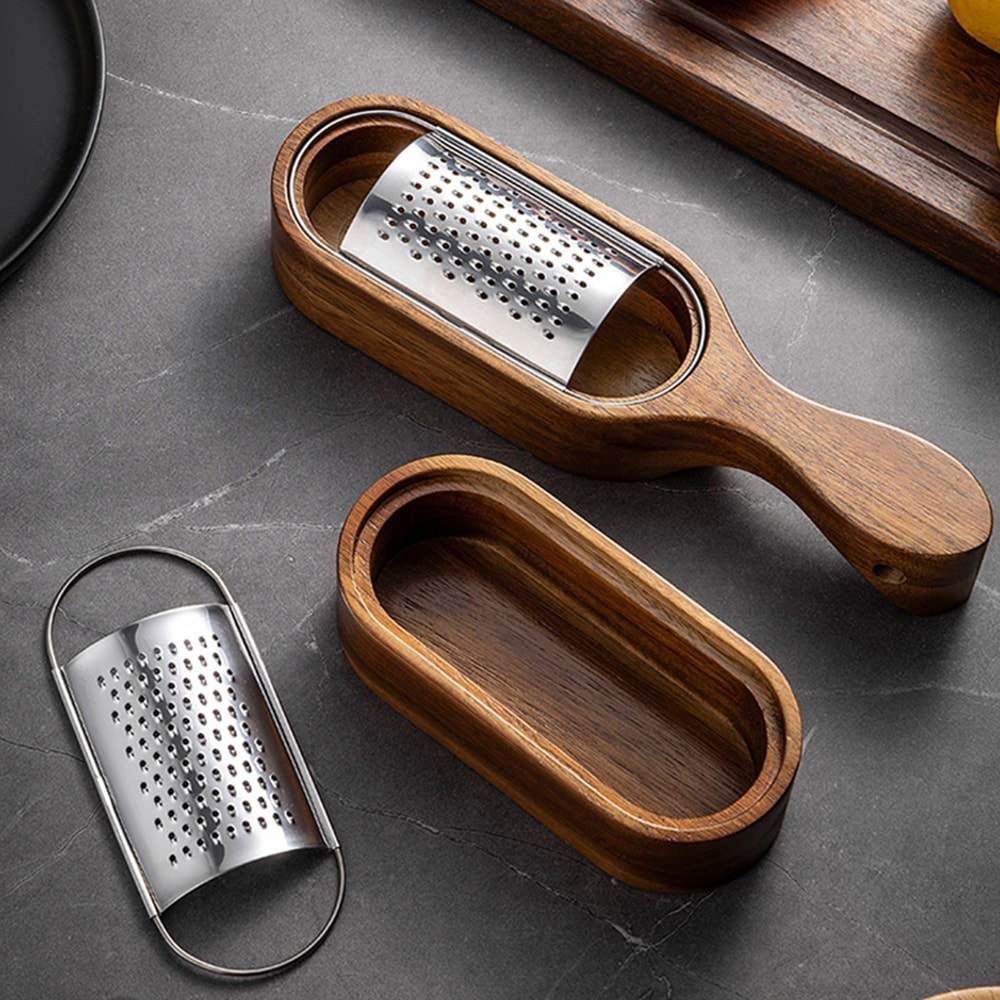 Stainless Steel Cheese Grater with Container Wooden Storage Box Manual Cheese Slicer
