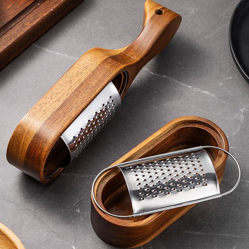 Stainless Steel Cheese Grater with Container Wooden Storage Box Manual Cheese Slicer
