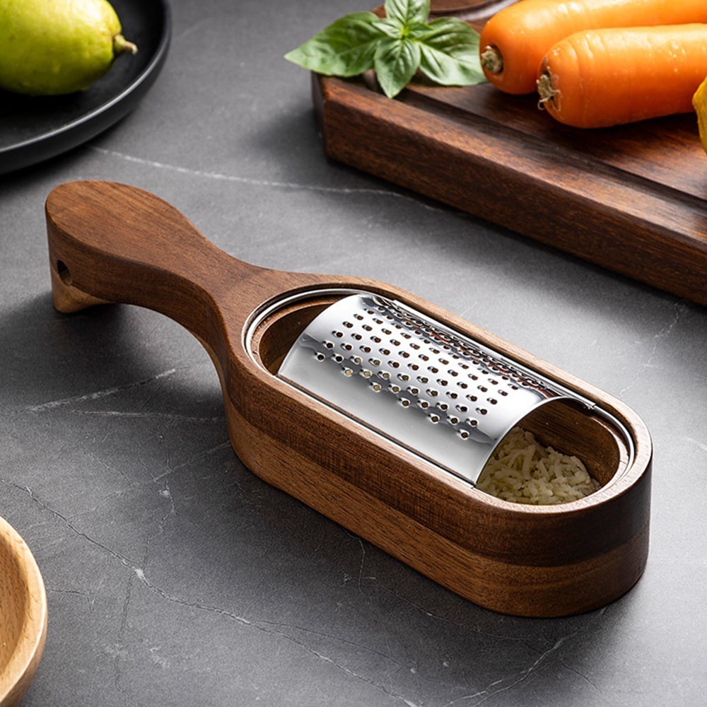 Stainless Steel Cheese Grater with Container Wooden Storage Box Manual Cheese Slicer