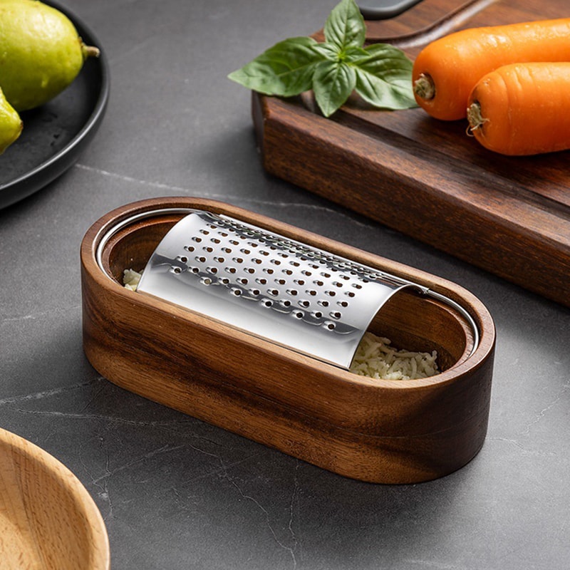 Stainless Steel Cheese Grater with Container Wooden Storage Box Manual Cheese Slicer