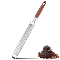 stainless steel lemon zester & cheese grater with wooden handle for citrus, nutmeg & hard cheese