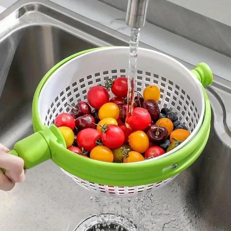 Rotating Vegetable Washing Basket With Spin Drain Colander For Fruits And Greens 1