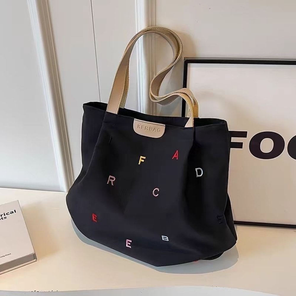 Large Capacity Canvas Tote Bag for Women with Embroidered Letters Stylish Shoulder Bag