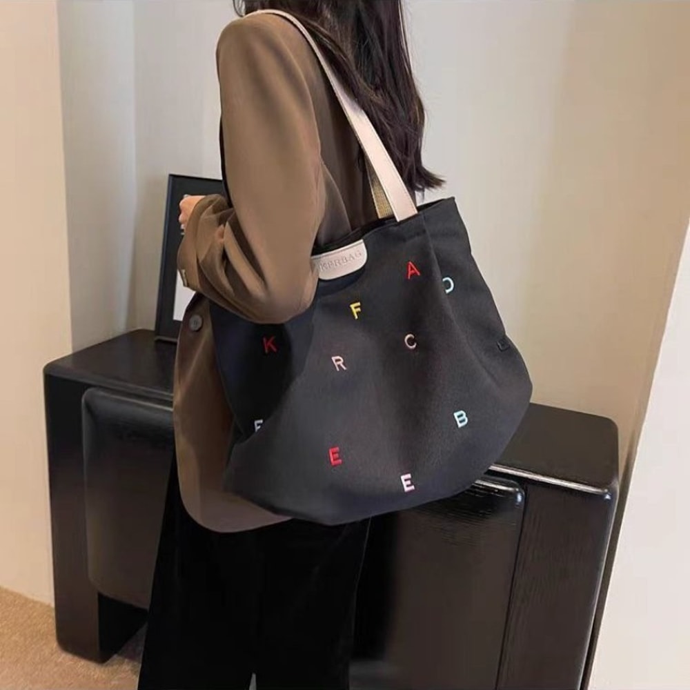 Large Capacity Canvas Tote Bag for Women with Embroidered Letters Stylish Shoulder Bag