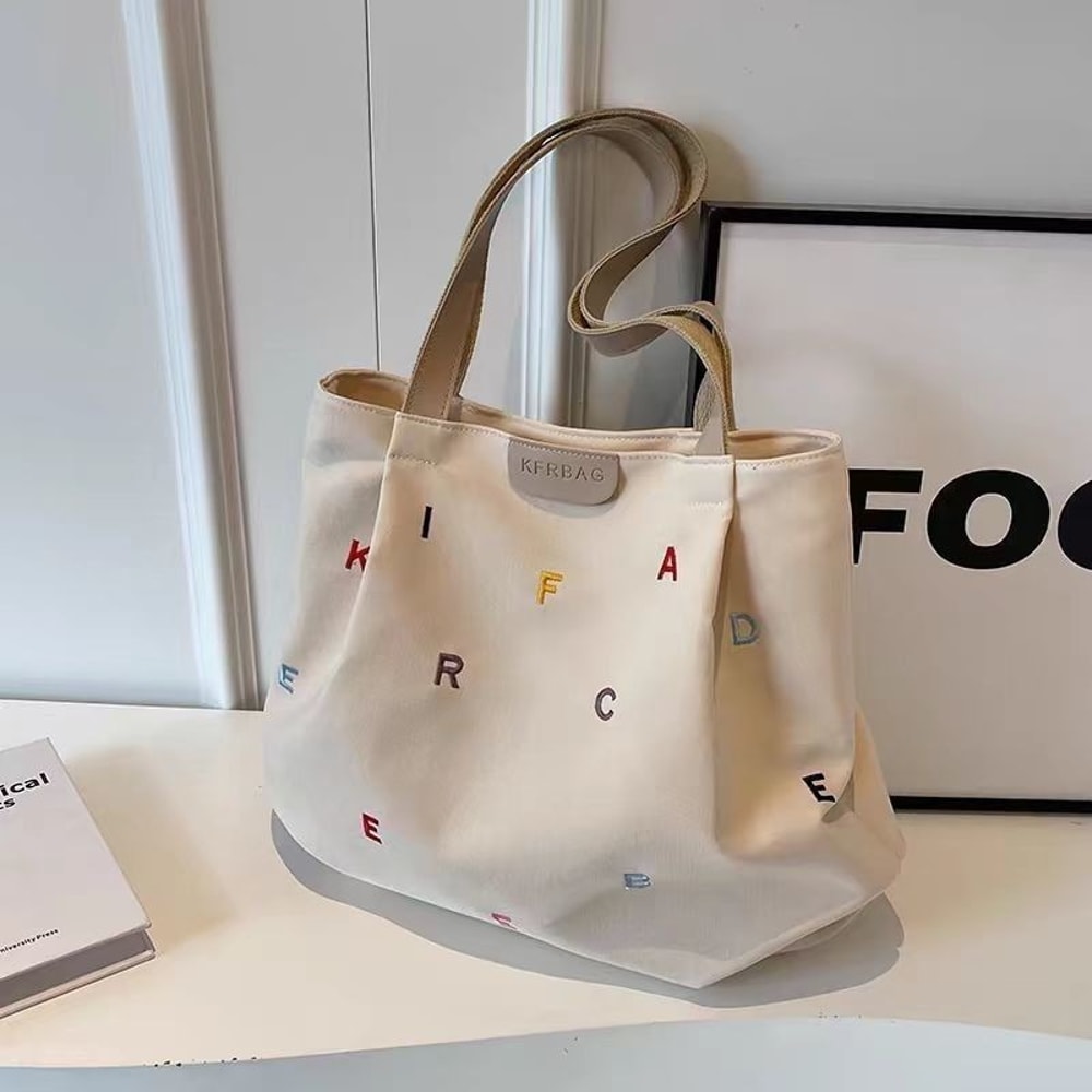 Large Capacity Canvas Tote Bag for Women with Embroidered Letters Stylish Shoulder Bag
