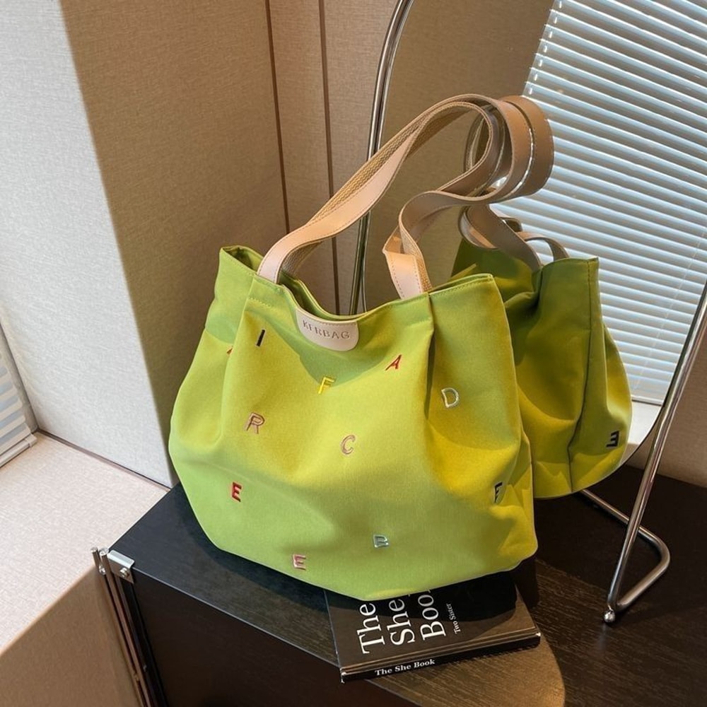 Large Capacity Canvas Tote Bag for Women with Embroidered Letters Stylish Shoulder Bag