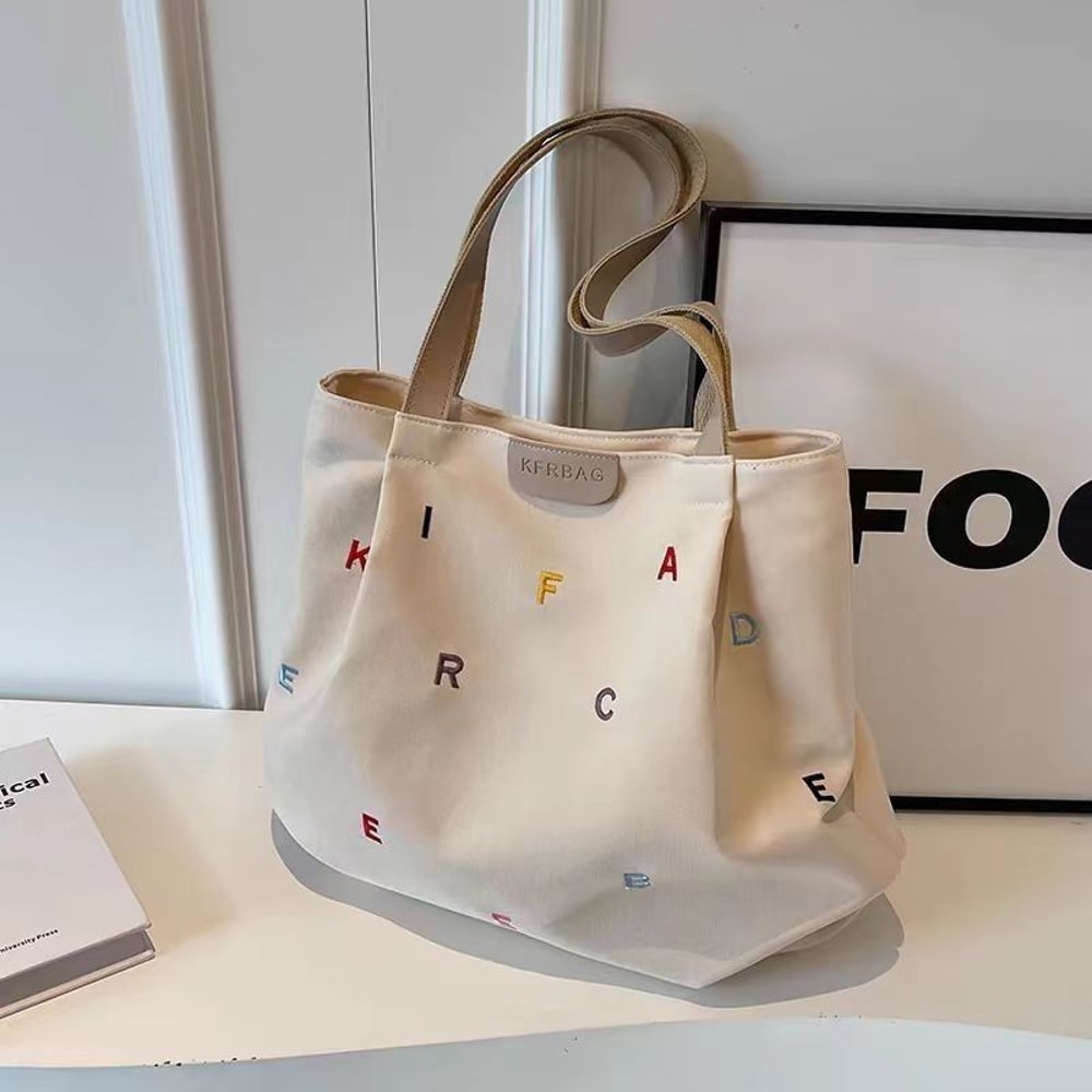 Large Capacity Canvas Tote Bag for Women with Embroidered Letters Stylish Shoulder Bag