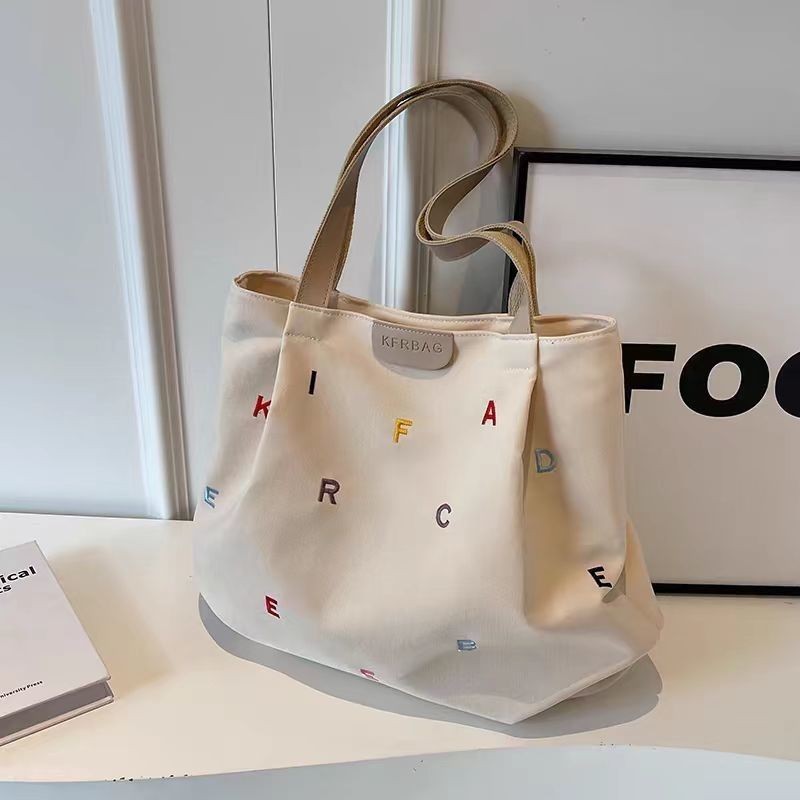 Large Capacity Canvas Tote Bag for Women with Embroidered Letters Stylish Shoulder Bag