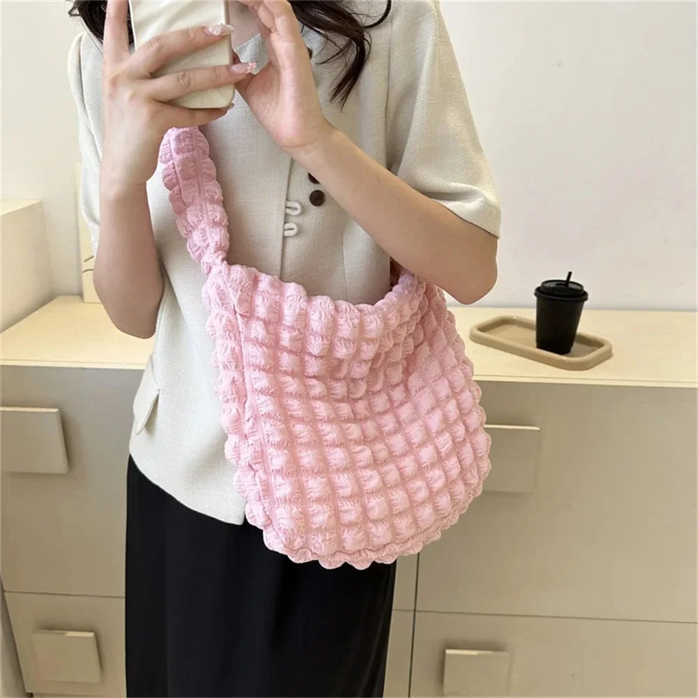 Pleated Plaid Crossbody Bag Large Capacity Quilted Shoulder Tote for Women