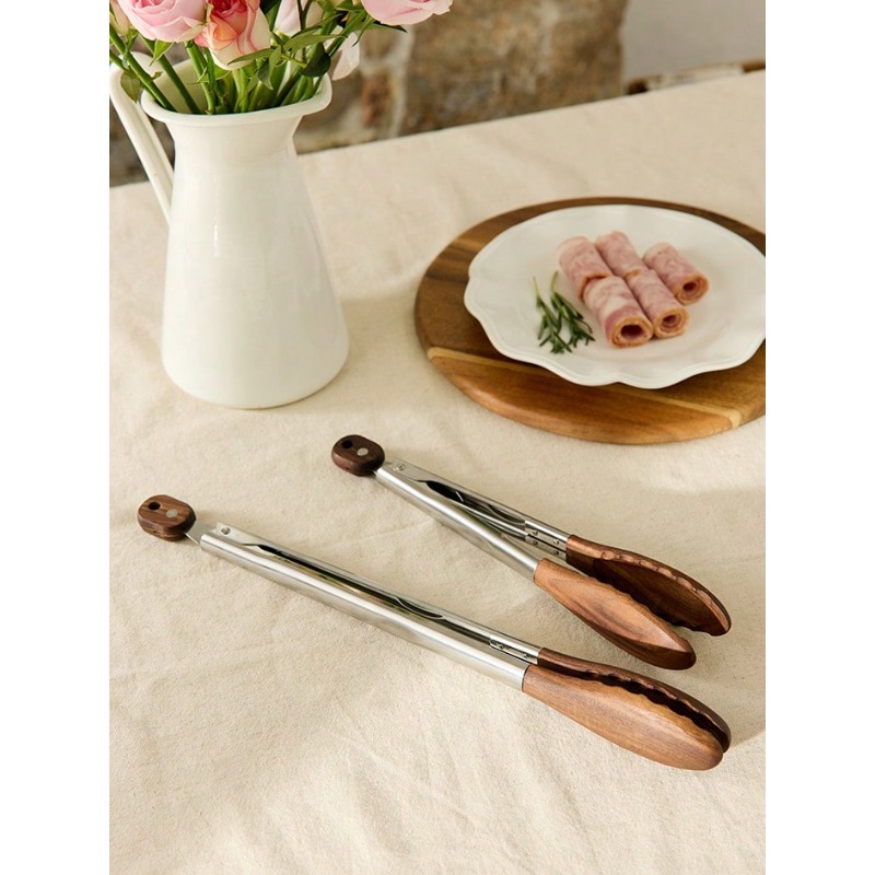 Cirelle Wooden Kitchen Tongs With Walnut Tips NonScratch HeatResistant Stainless Steel Salad Tongs 1