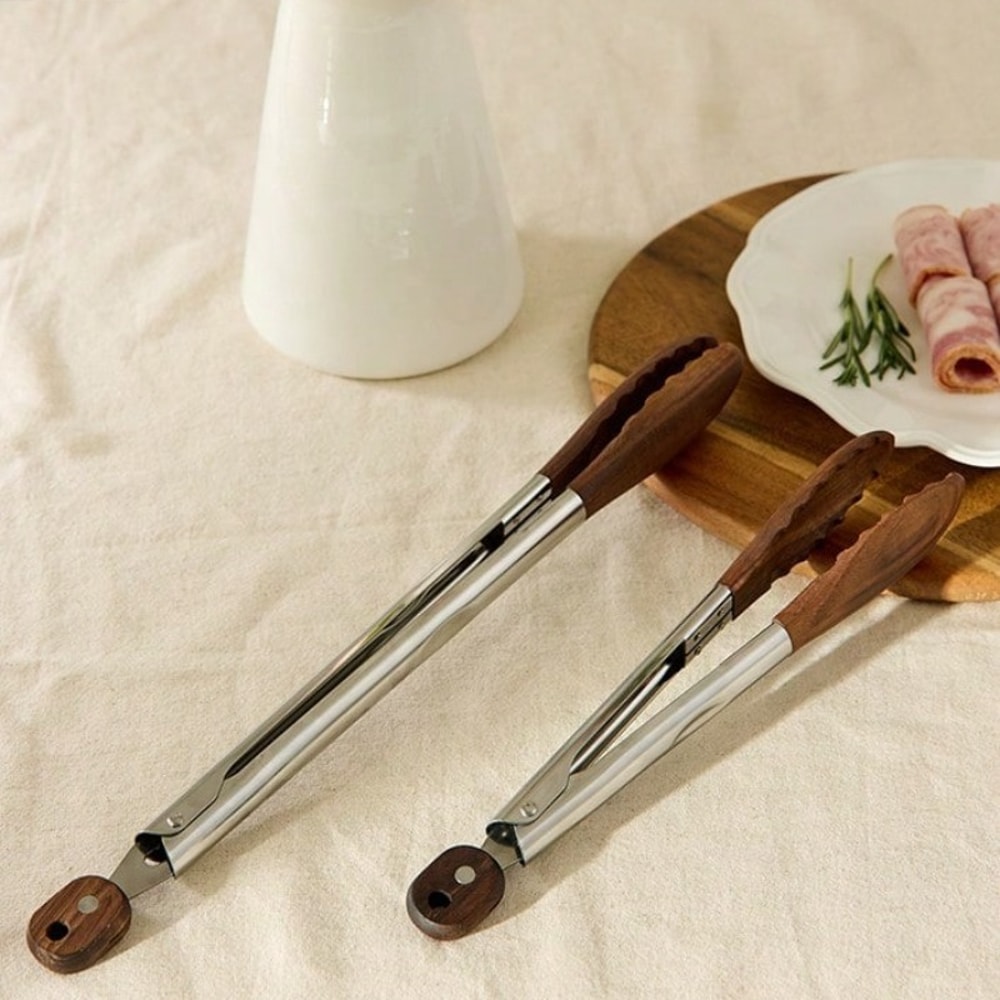Cirelle Wooden Kitchen Tongs With Walnut Tips NonScratch HeatResistant Stainless Steel Salad Tongs 2