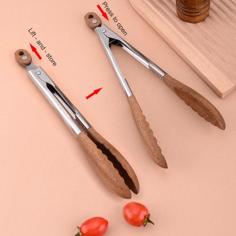 Cirelle Wooden Kitchen Tongs With Walnut Tips NonScratch HeatResistant Stainless Steel Salad Tongs 3