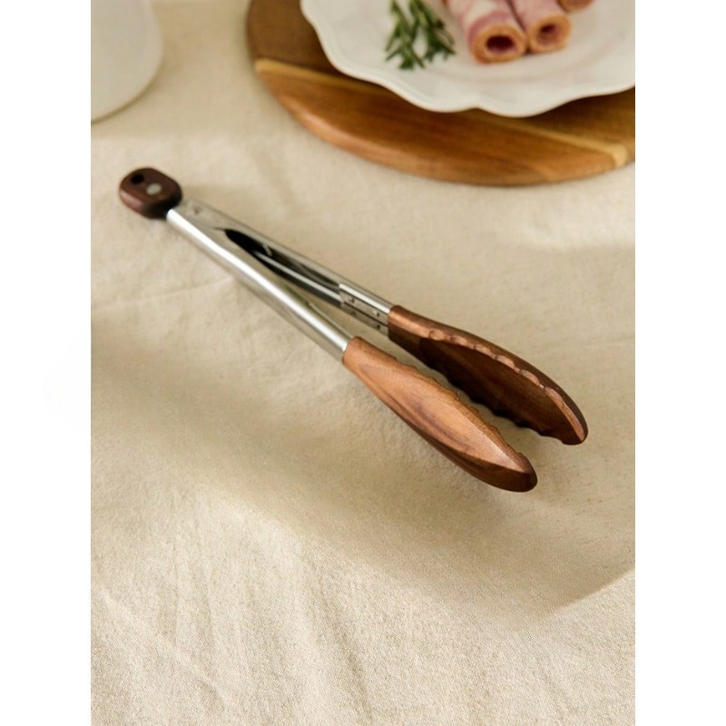 Cirelle Wooden Kitchen Tongs With Walnut Tips NonScratch HeatResistant Stainless Steel Salad Tongs 4
