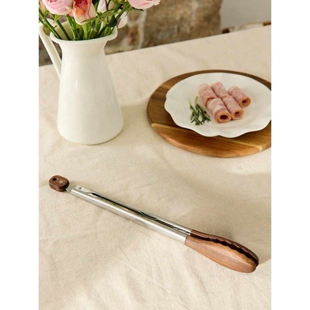 Cirelle Wooden Kitchen Tongs With Walnut Tips NonScratch HeatResistant Stainless Steel Salad Tongs 5