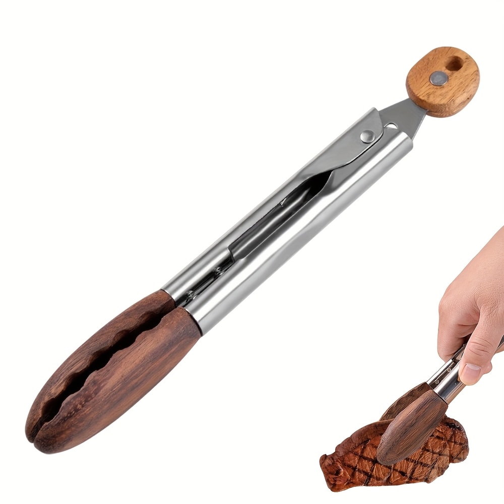 Premium Walnut Wood Stainless Steel Cooking Tong AntiSlip Kitchen Salad Tool 0