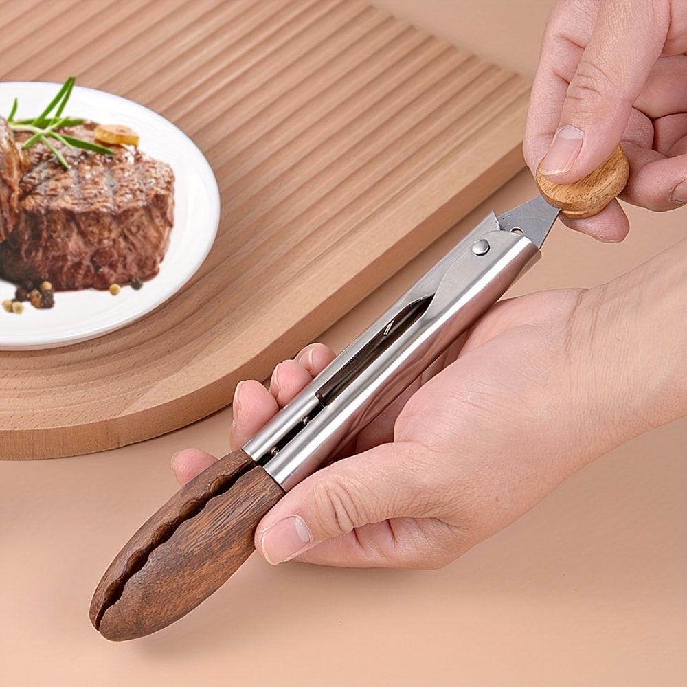 Premium Walnut Wood Stainless Steel Cooking Tong AntiSlip Kitchen Salad Tool 4