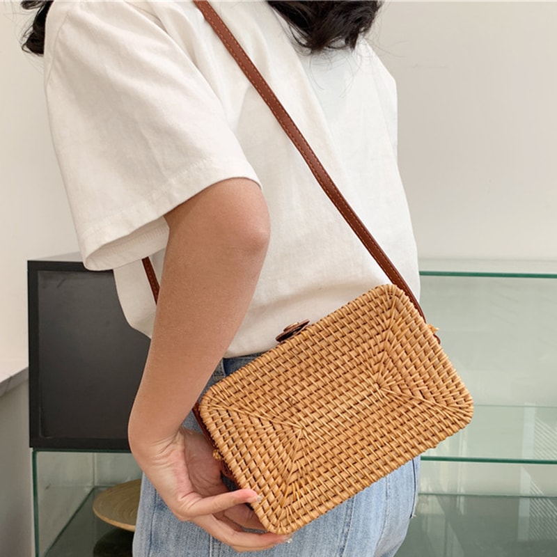 Handmade Rattan Crossbody Bag for Women Adjustable, Large Capacity, Durable