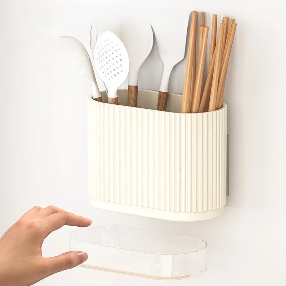 Wall Mount Chopsticks Holder Kitchen Organizer With Drain Tray No Drill Utensil Storage Rack 3