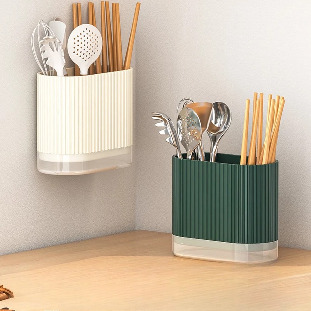 Wall Mount Chopsticks Holder Kitchen Organizer With Drain Tray No Drill Utensil Storage Rack 7
