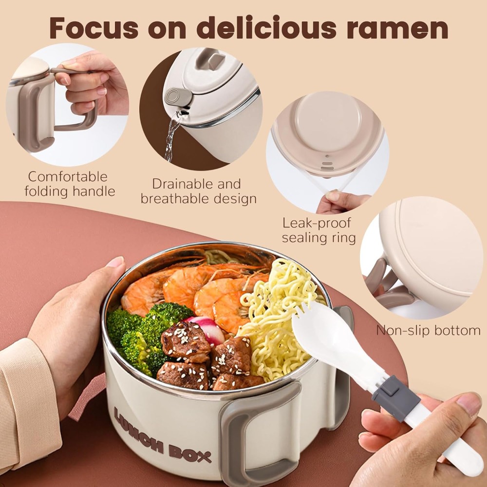 Portable Microwave Ramen Bowl With Stainless Steel Insert And Lid For Easy Noodle Meals 1