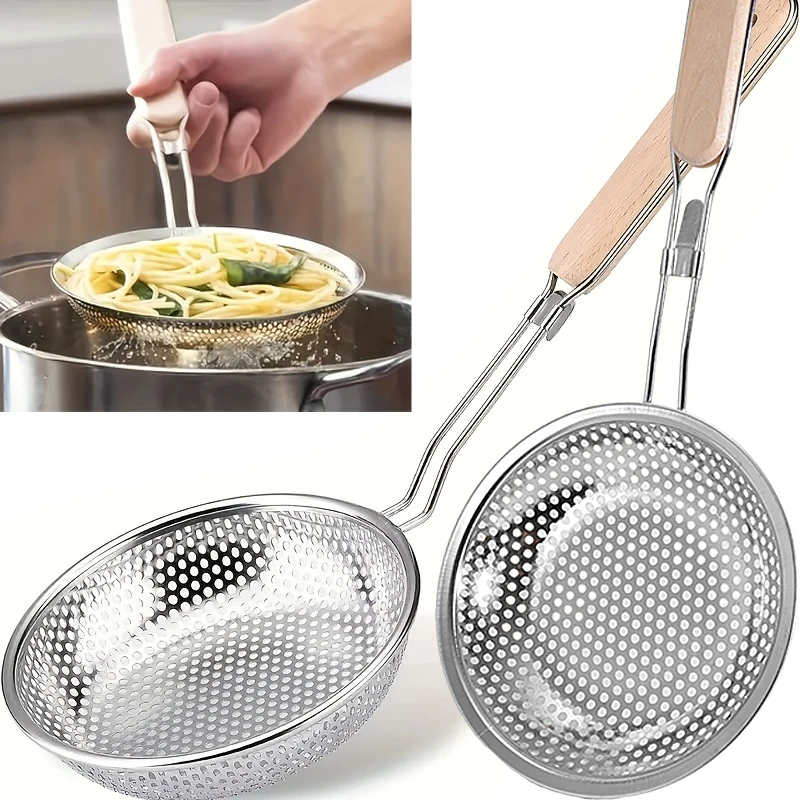 Stainless Steel Fine Mesh Skimmer Spoon With Wooden Handle For Pasta Frying Grease Filtering 0