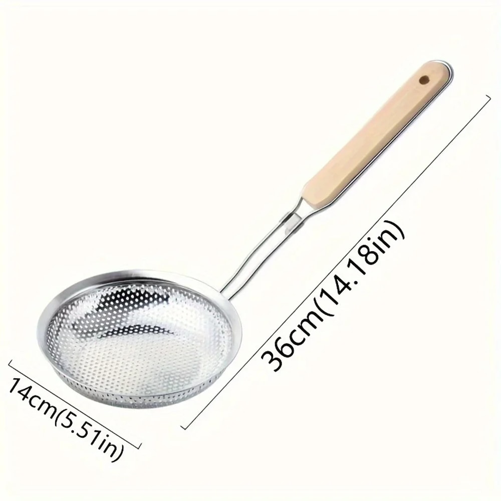 Stainless Steel Fine Mesh Skimmer Spoon With Wooden Handle For Pasta Frying Grease Filtering 4
