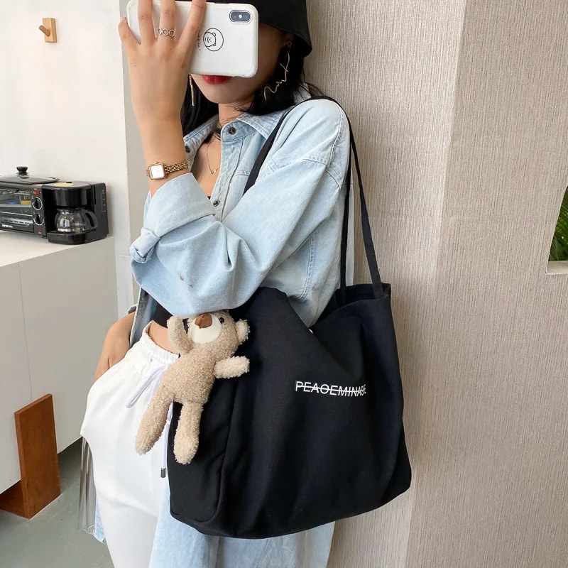 Japanese Canvas Tote Bag Large Capacity Shoulder Shopper For School Travel Everyday Use 2