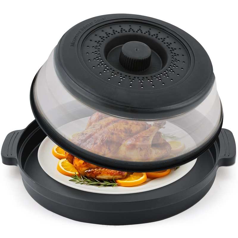 Collapsible Microwave Splatter Cover with Steaming Tray & Food Strainer Lid