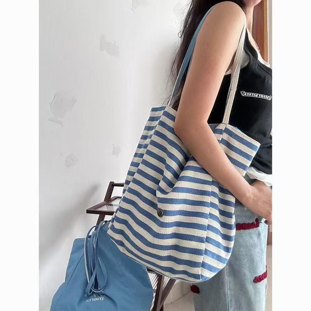 Korean Style Canvas Tote Bag for Women with Large Capacity Striped Shoulder Design