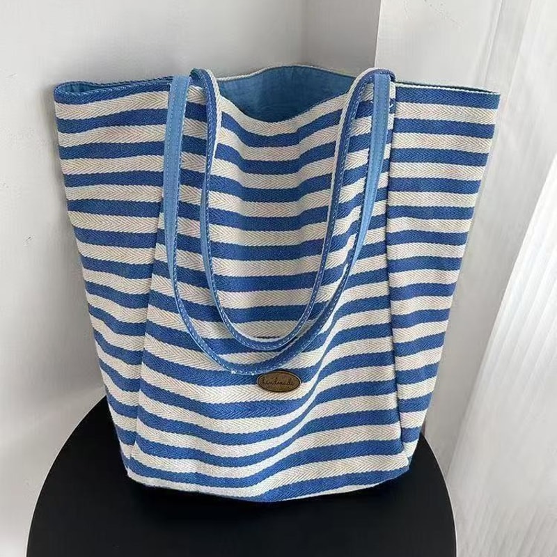 Korean Style Canvas Tote Bag for Women with Large Capacity Striped Shoulder Design