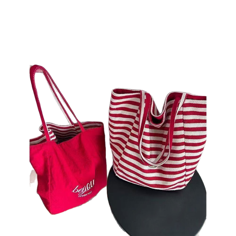 Korean Style Canvas Tote Bag for Women with Large Capacity Striped Shoulder Design