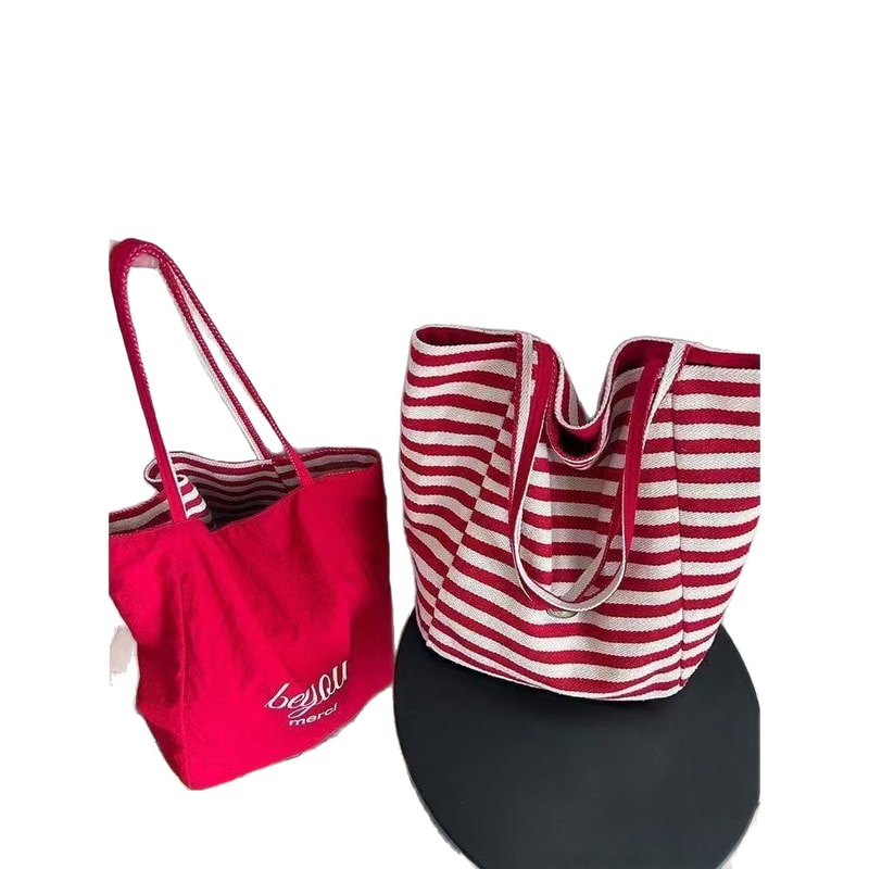 Korean Style Canvas Tote Bag for Women with Large Capacity Striped Shoulder Design