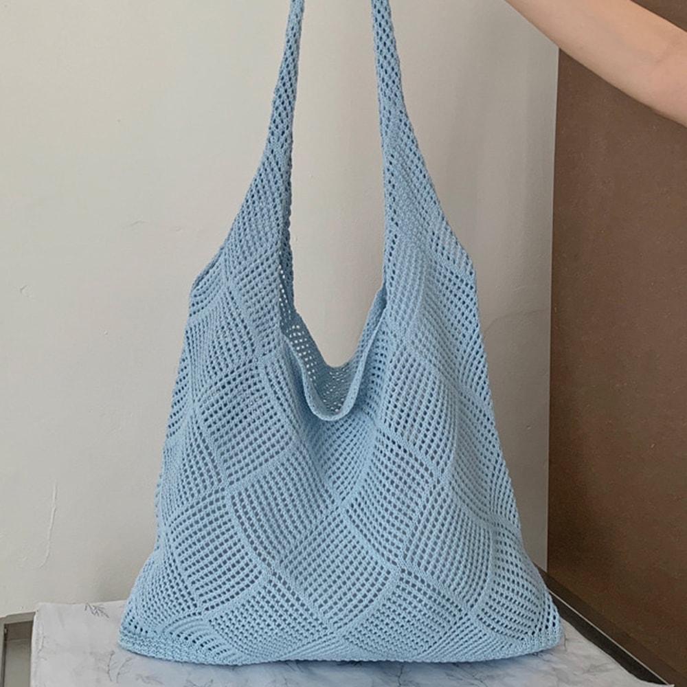 Boho Knit Tote Bag Large Capacity Shoulder Shopping Bag for Everyday Travel