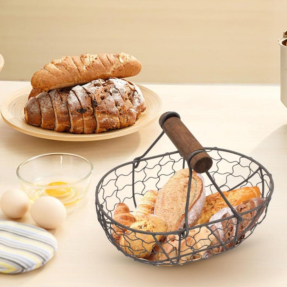 Farmhouse Egg Storage Basket with Wooden Handle for Kitchen Counter Fruit and Bread Organizer