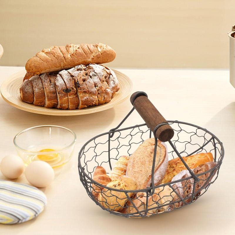 Farmhouse Egg Storage Basket with Wooden Handle for Kitchen Counter Fruit and Bread Organizer