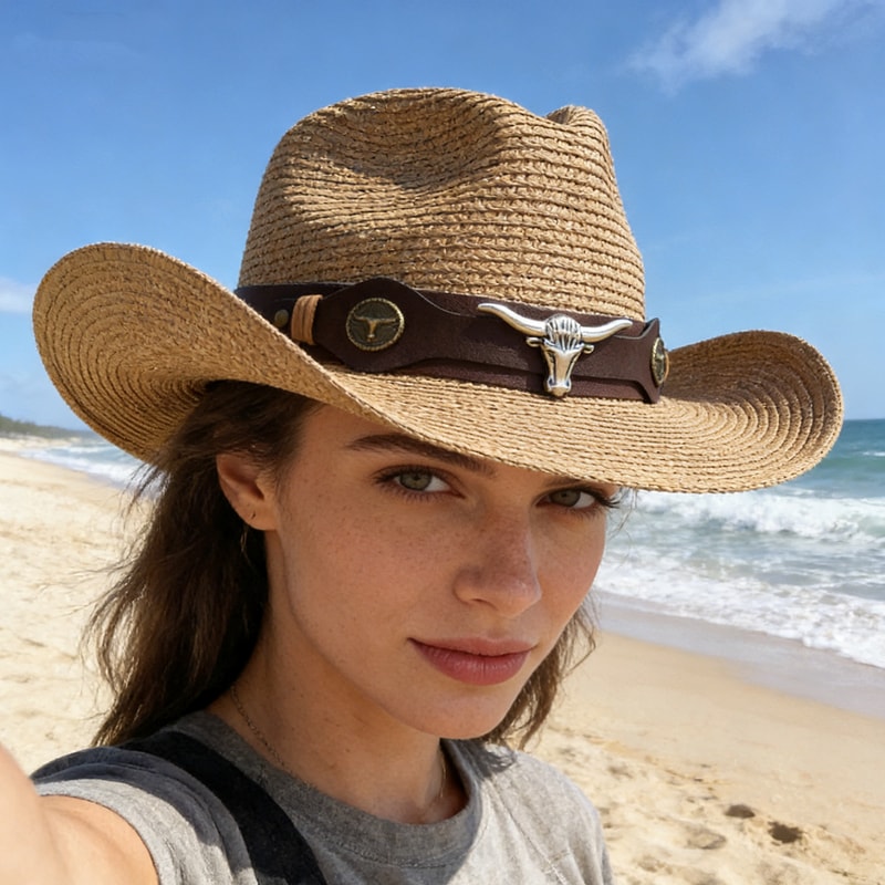 Vintage Western Straw Cowboy Hat With Wide Brim Sun Protection For Men Women 1