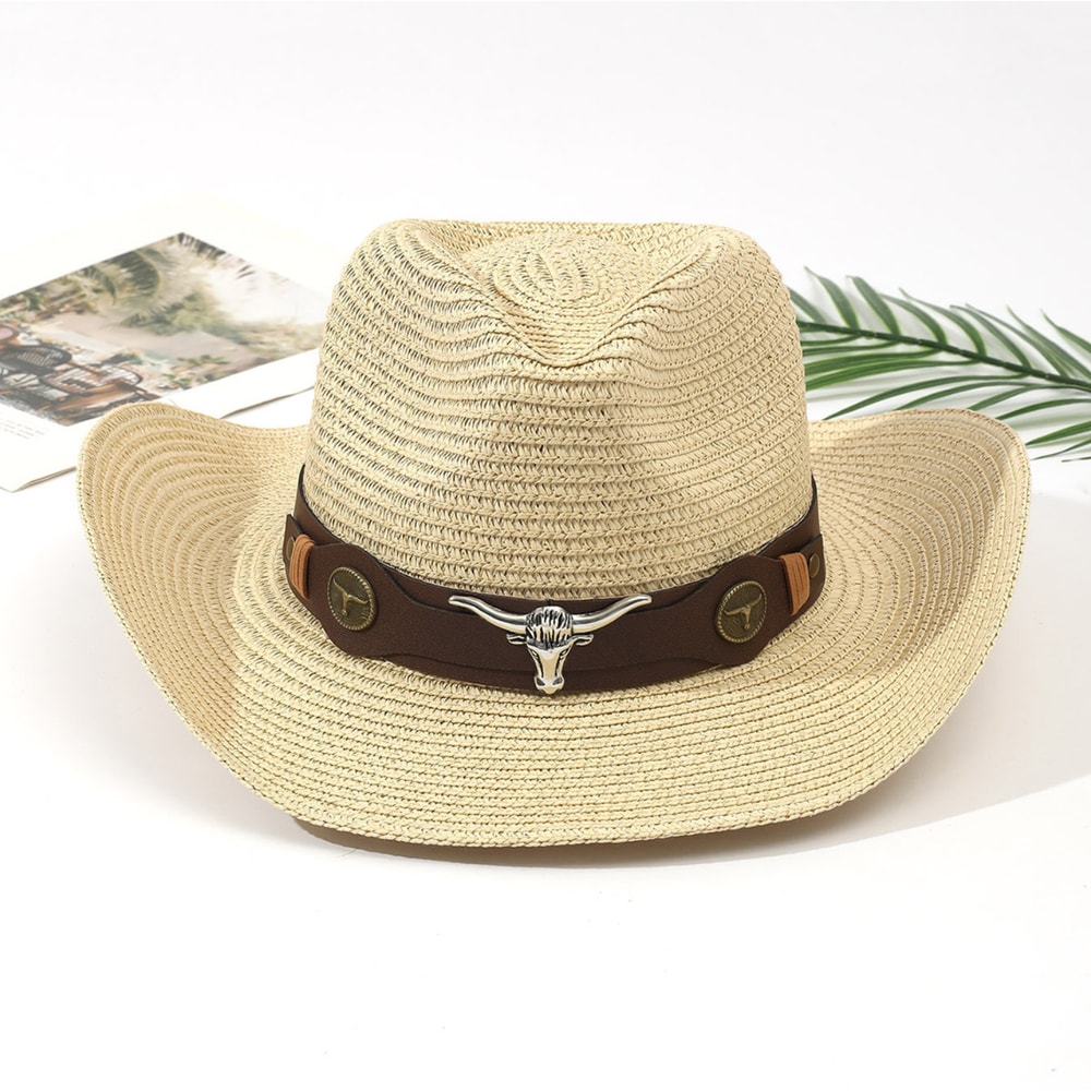 Vintage Western Straw Cowboy Hat With Wide Brim Sun Protection For Men Women 5