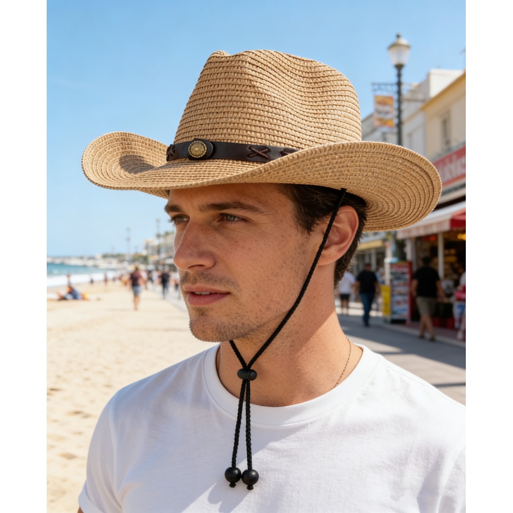 Vintage Western Straw Cowboy Hat with Wide Brim UV Protection for Beach & Outdoor Style