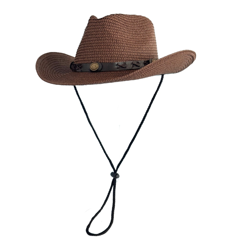 Vintage Western Straw Cowboy Hat with Wide Brim UV Protection for Beach & Outdoor Style