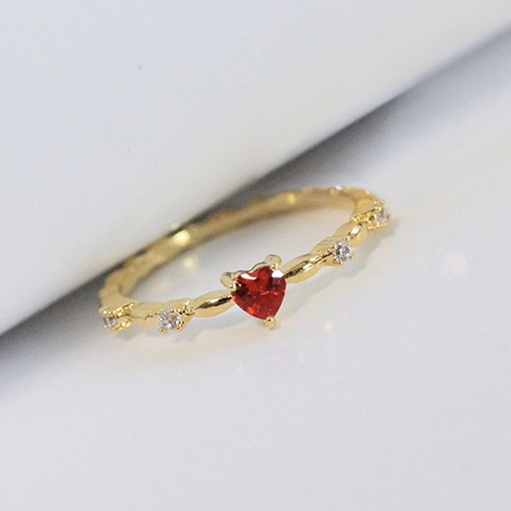 Ruby Heart CZ Engagement Ring for Women Thin Band Romantic Promise Jewelry