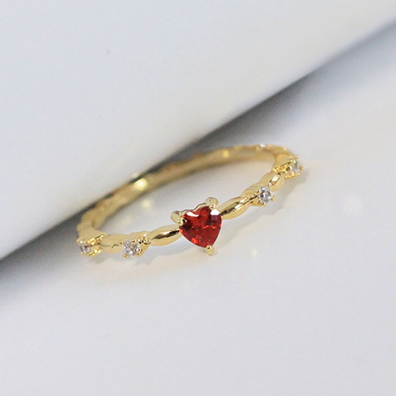 Ruby Heart CZ Engagement Ring for Women Thin Band Romantic Promise Jewelry